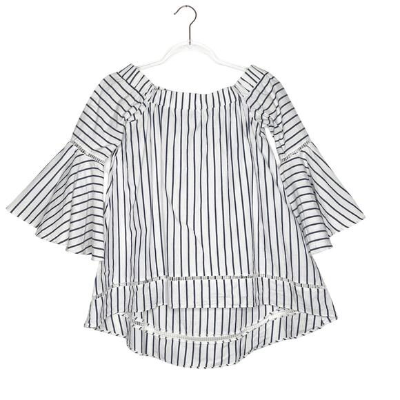 Striped Off The Shoulder Ruffle Bell Sleeve Blouse White Navy Womens Size Small - Picture 10 of 10